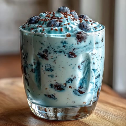 Creamy probiotic kefir smoothie with vibrant blueberries and flaxseed bliss.