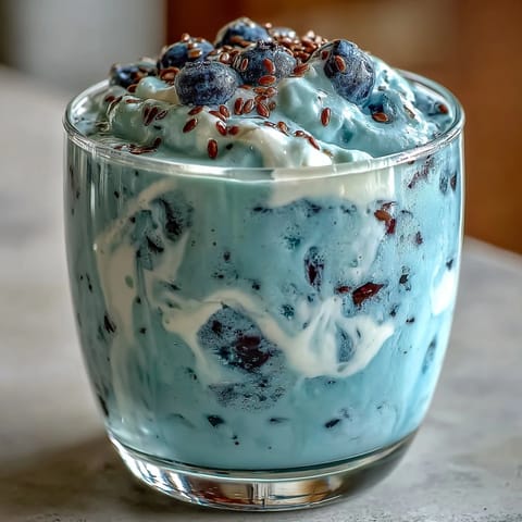 Juicy blueberry kefir smoothie, blended smooth with flaxseed and honey for breakfast.
