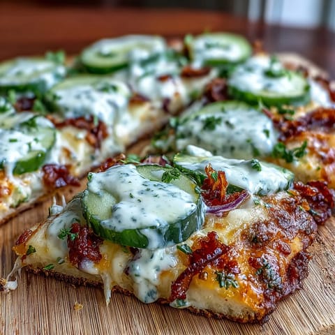 Golden pickle pizza flatbread hot from the oven, drizzled with savory garlic ranch.