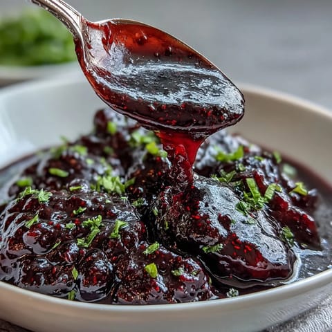 Rich blackberry jalapeño BBQ sauce simmering, ready for grilling.