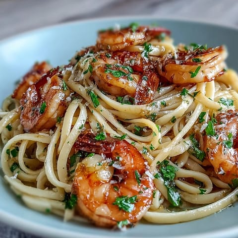 A gorgeous plate of Shrimp Scampi Linguine shimmering with garlic butter sauce.