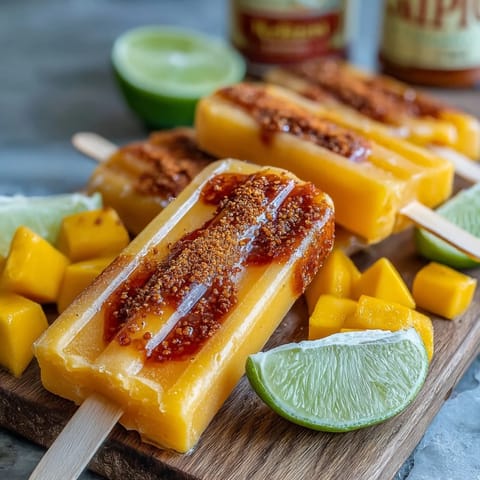 Vibrant, frozen Mango Chamoy Popsicles with Tajin, swirled and icy.