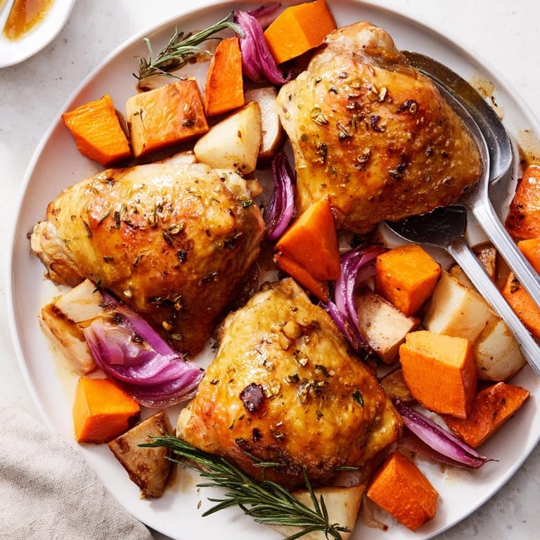Close-up of glistening Honey-Glazed Chicken and vibrant roasted vegetables in a rustic pan.