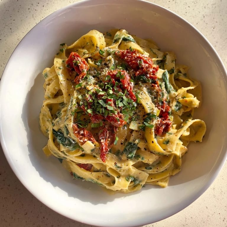 Creamy One-Pot Tuscan Garlic Herb Pasta, ready with a sprinkle of Parmesan, perfect for a cozy dinner.