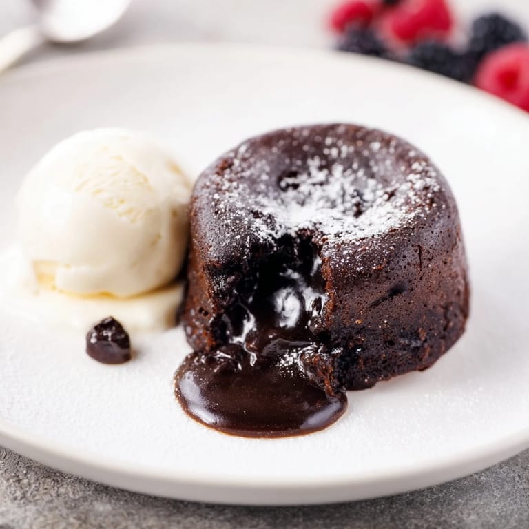 Rich dark chocolate lava cakes served with vanilla ice cream, promising a decadent dessert experience after dinner tonight.