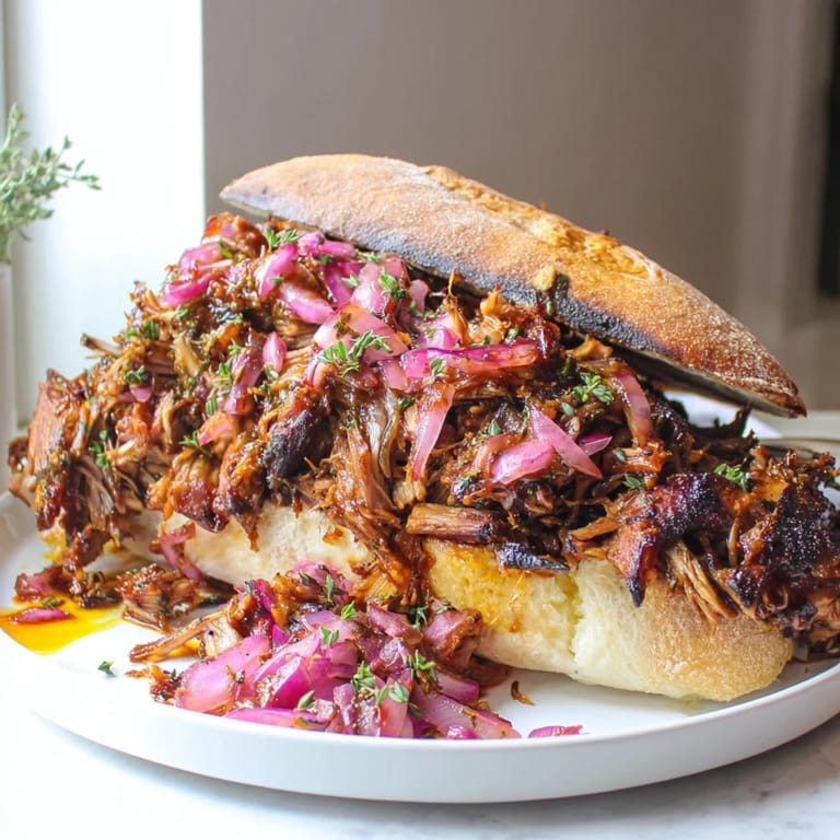 Close-up of fire-kissed BBQ pulled pork sandwiches, showing tender pork with tangy BBQ sauce and fresh herb garnish.