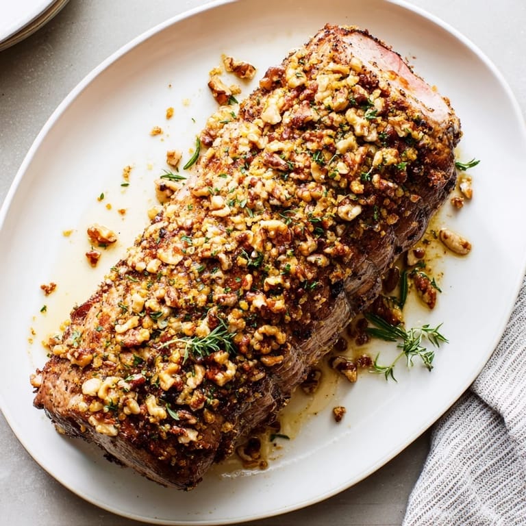Crispy pecan crust coats this delicious Thyme and Pecan Crusted Pork Tenderloin, a flavorful American entree.