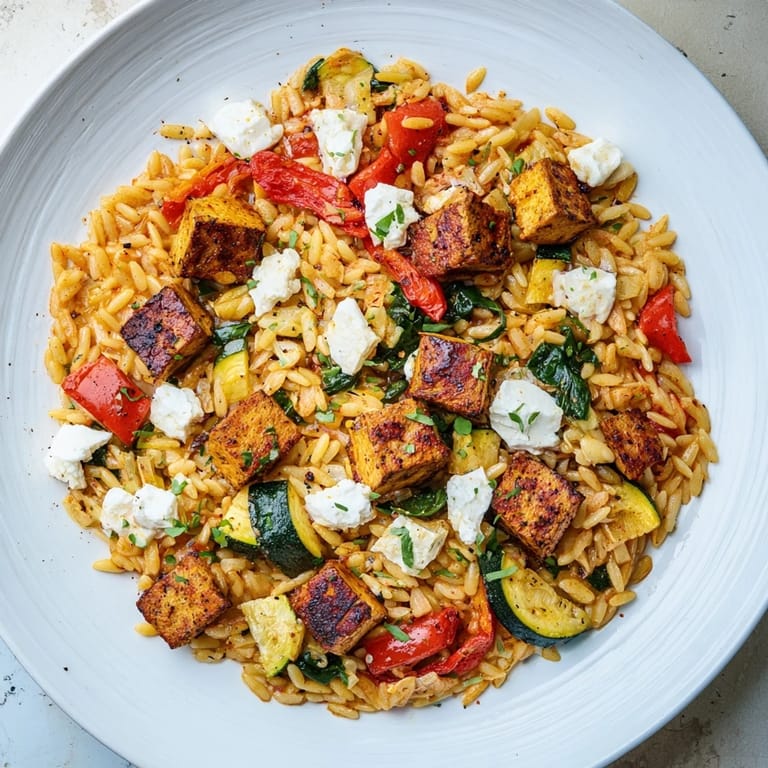 Vibrant image of Smoky Mediterranean Lamb and Orzo Supper garnished with fresh parsley and lemon wedges.