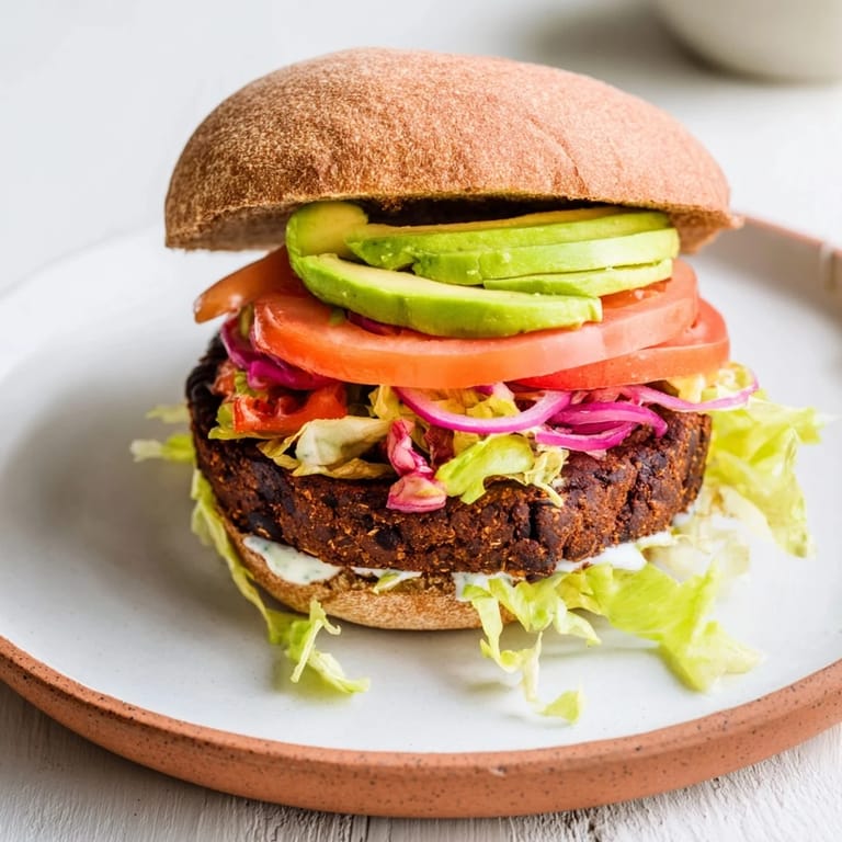 Close-up photo of a delicious black bean burger on a bun, piled high with fresh toppings.