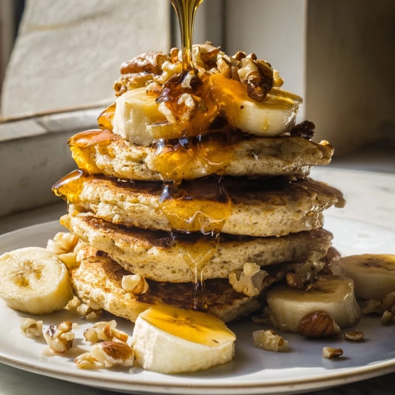 Fluffy weekend golden-brunch banana pancakes with sliced bananas and a generous maple syrup pour ready to eat.