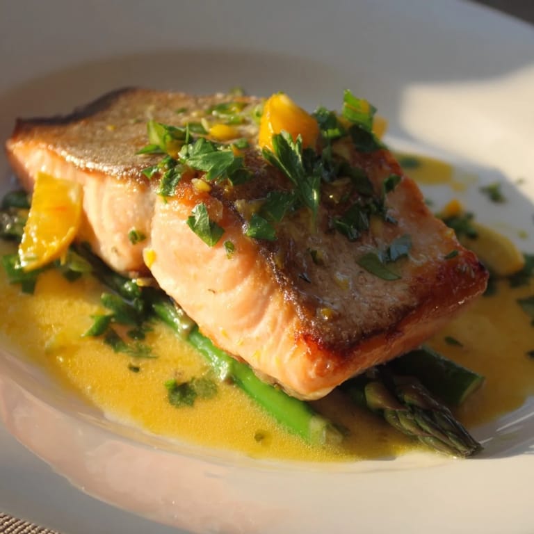 Vibrant plate of skillet lemon-butter salmon, garnished with parsley and lemon slices; smells divine.