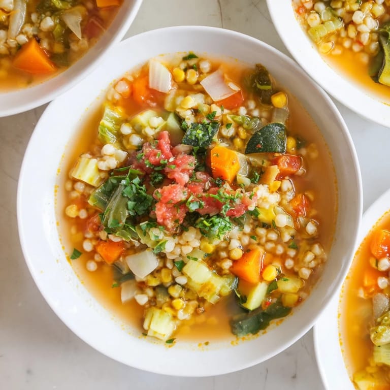 A close-up shot of a warm bowl of Simple Homemade Grain and Vegetable Soup, ready to eat.