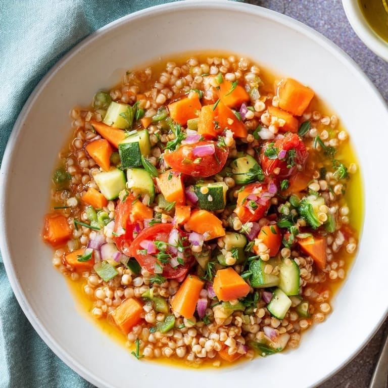Garnished Simple Homemade Grain and Vegetable Soup, a vegetarian delight filling the bowl.