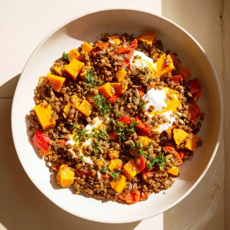 Golden-hued Wheat-Warm Hearty Lentil Curry with a topping of fresh cilantro, ready to serve.