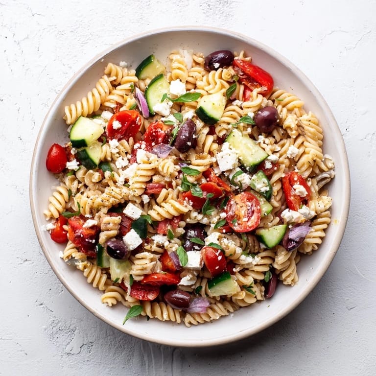 This Mediterranean Olive Oil and Feta Pasta Salad features crumbled feta atop a bed of pasta, ideal for lunch.