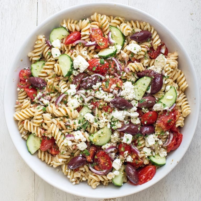 Enjoy this vibrant Mediterranean Olive Oil and Feta Pasta Salad—a refreshing bite of pasta and olives.