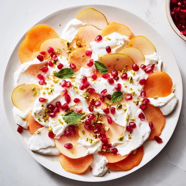 Refreshing Winter Fruit Snowscape recipe showcases layered persimmons and pears, topped with mascarpone and pistachios.