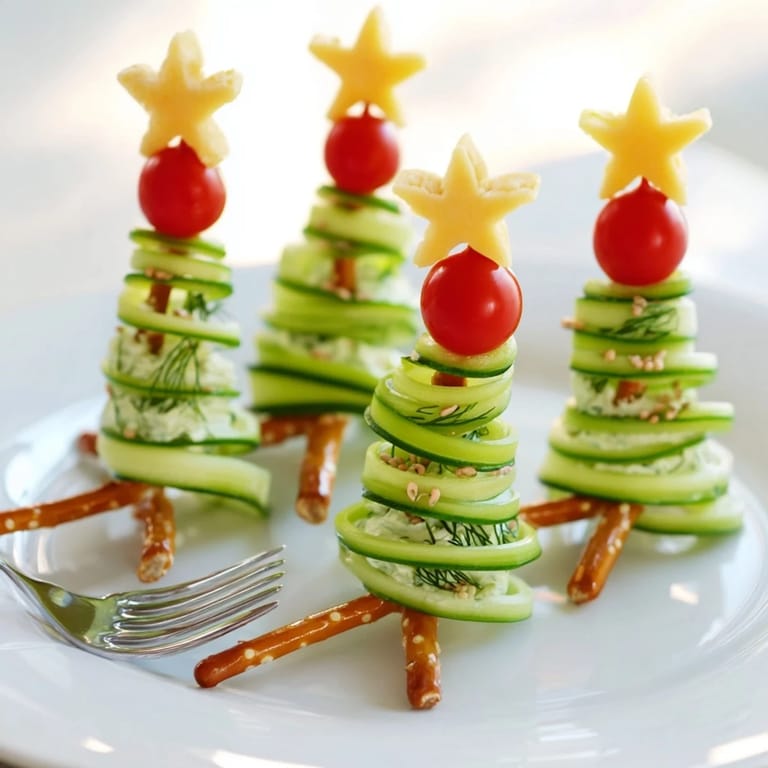 Vibrant image of fresh spiral cucumber ribbon Christmas trees, perfect for holiday entertaining with cherry tomatoes.