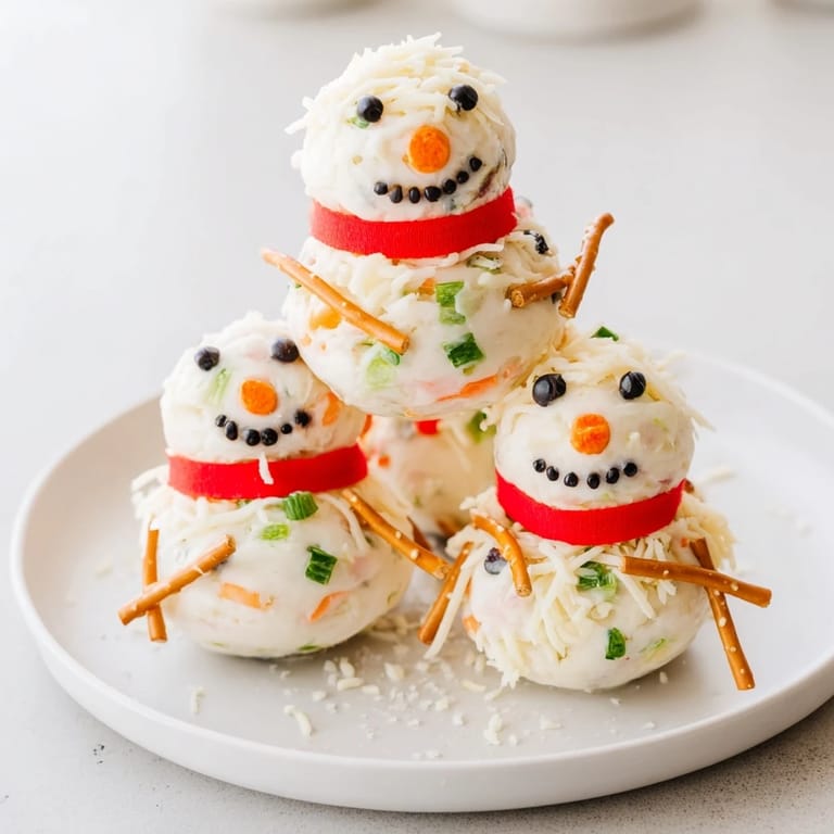 Get ready for holiday fun with this Snowman Cheese Ball Trio, shaped into cheerful snowmen on a platter.