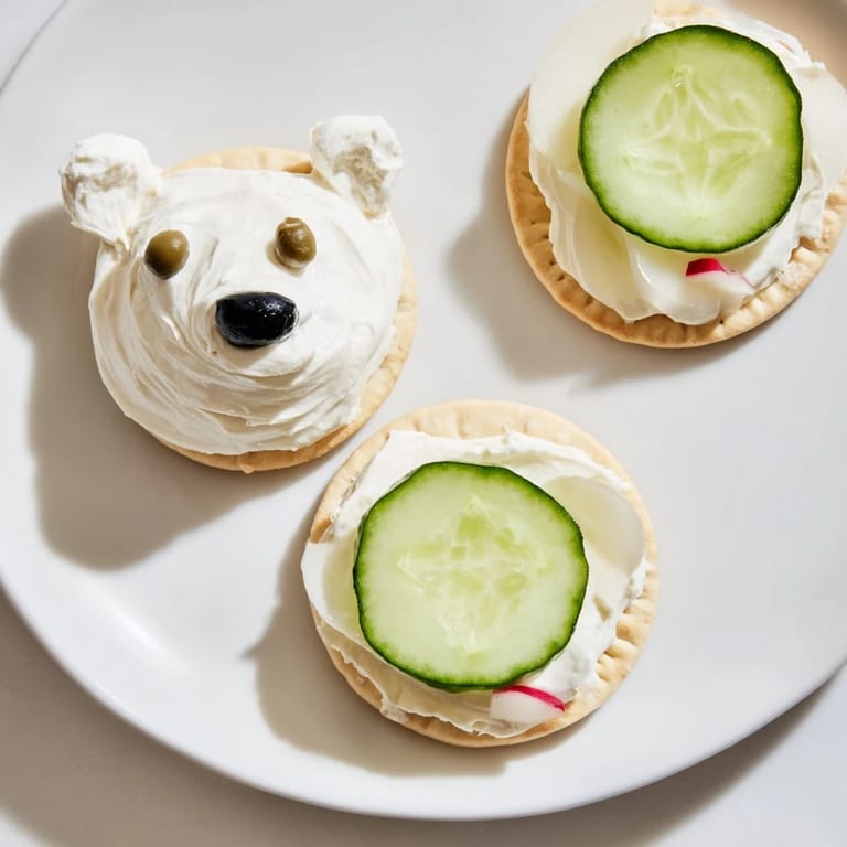 Crisp rice crackers support the Polar Bear Iceberg Cracker Stacks, embellished with radish ears and olive noses for a fun snack.