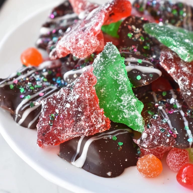 The homemade Jingle Bell Rock Candy glistens with edible glitter, enticing visual of holiday desserts and candies.