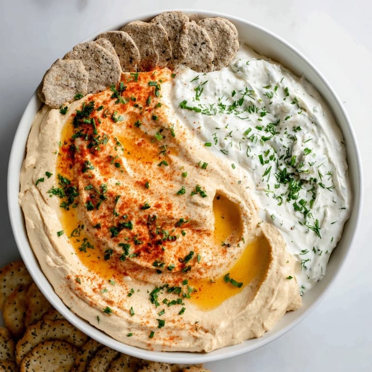 Enjoy the flavors of Easy Dips, with hummus and yogurt dips artfully arranged for dipping.