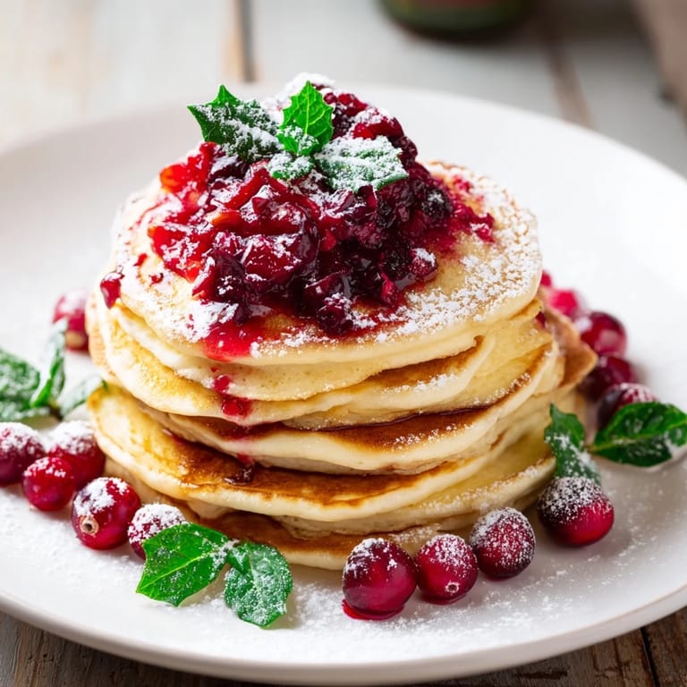 Enjoy this gorgeous brunch board: pancake stack with holly berry topping, ready for a crowd.