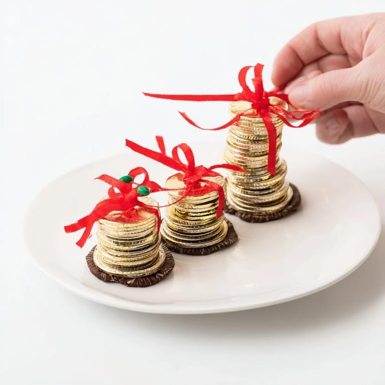 A close-up of shiny chocolate gold coin stacks, perfect and ready for a holiday dessert display.