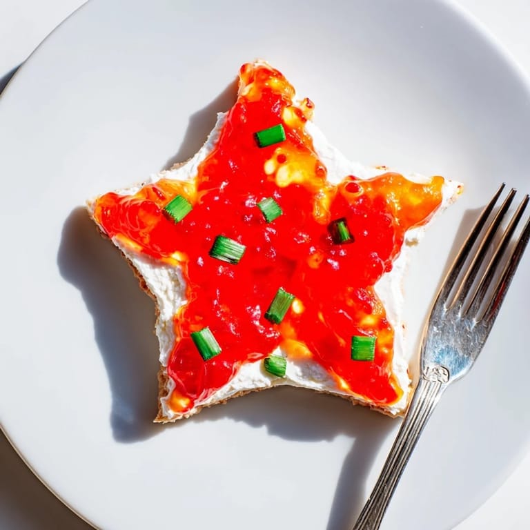 This beautiful Cream Cheese and Pepper Jelly Star features glistening pepper jelly atop softened cream cheese.