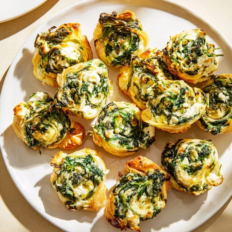 Freshly baked Savory Spinach Feta Pinwheel Spirals, a delicious appetizer ready to serve warm.