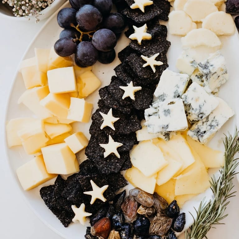 Delicious Crescent Moon & Stars Cheese Board: a gourmet appetizer featuring cheese star cutouts and dark crackers.