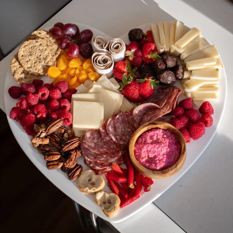 Heart-shaped The Heart of Romance Board, a luscious appetizer with strawberries, cheese, and salami for Valentine's Day.