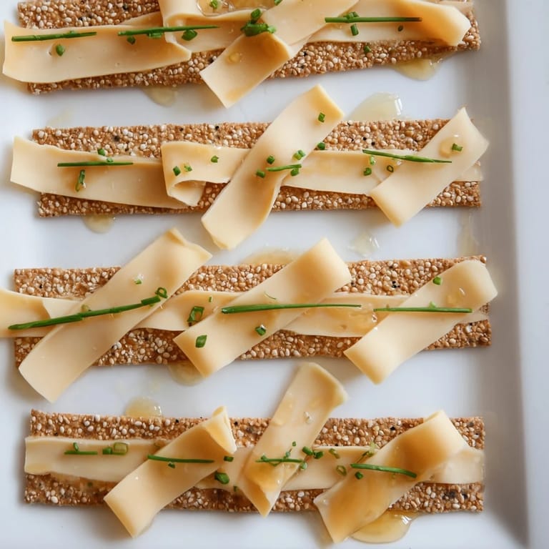 The Garden Gate Lattice: a stunning vegetarian appetizer with woven cheese and cracker strips, drizzled with honey.