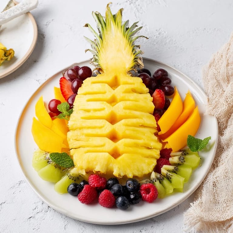 See the delicious and refreshing Tropical Pineapple Paradise fruit platter, a perfect vegan dessert option.