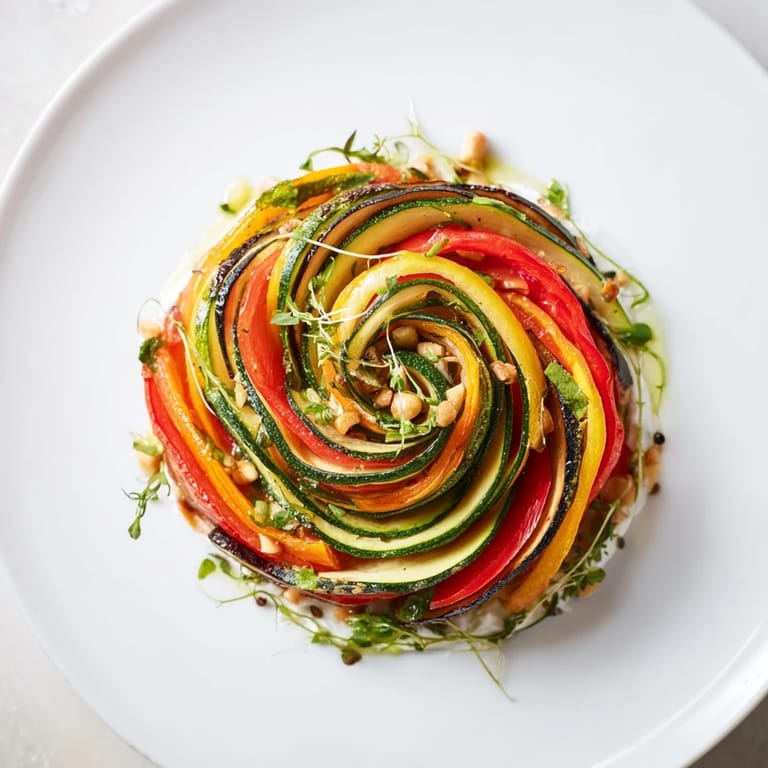 The vibrant Snail Shell Spiral displays colorful roasted vegetables layered with a tangy, herbed goat cheese.