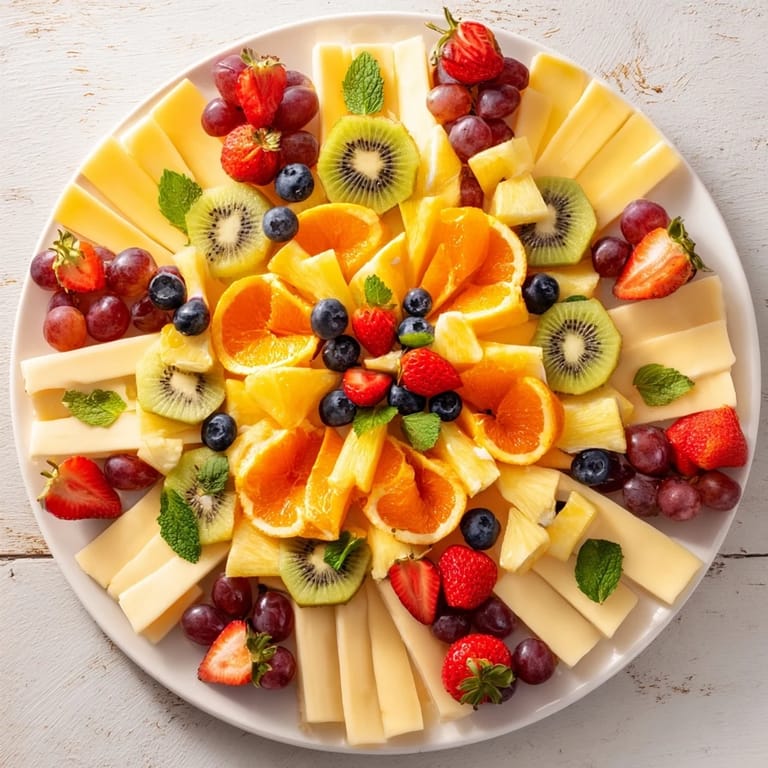 The Kaleidoscope Circle recipe: a stunning platter of fresh fruit and cheese, perfect for entertaining.