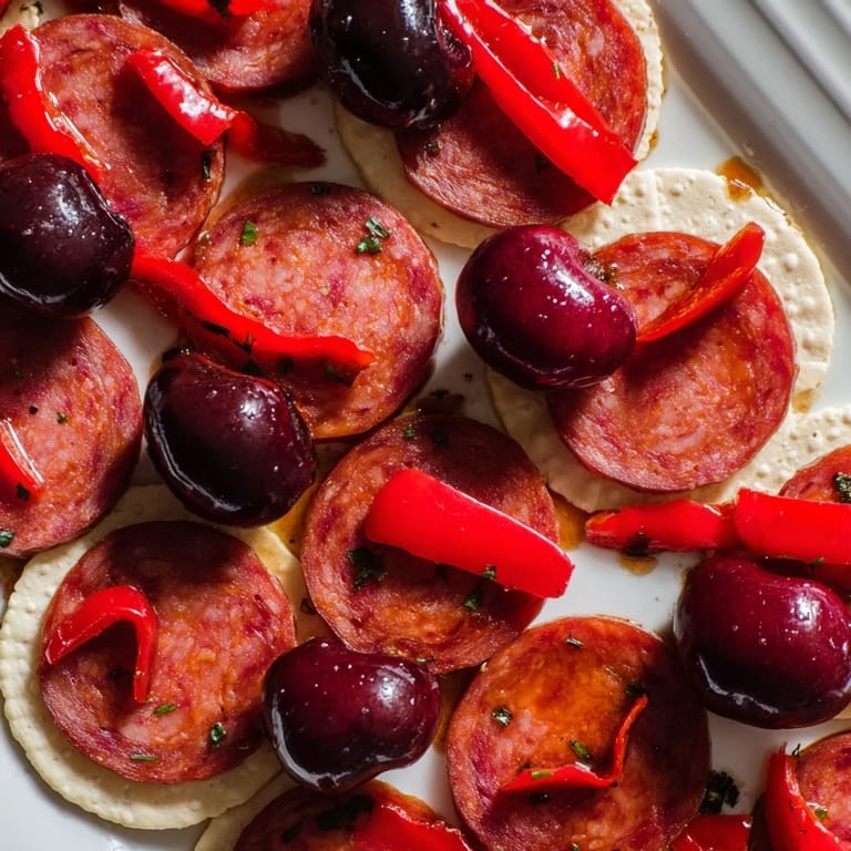 Vibrant The Crimson Tide, an appetizer, displays red pepper ribbons dancing with chorizo on white crackers.