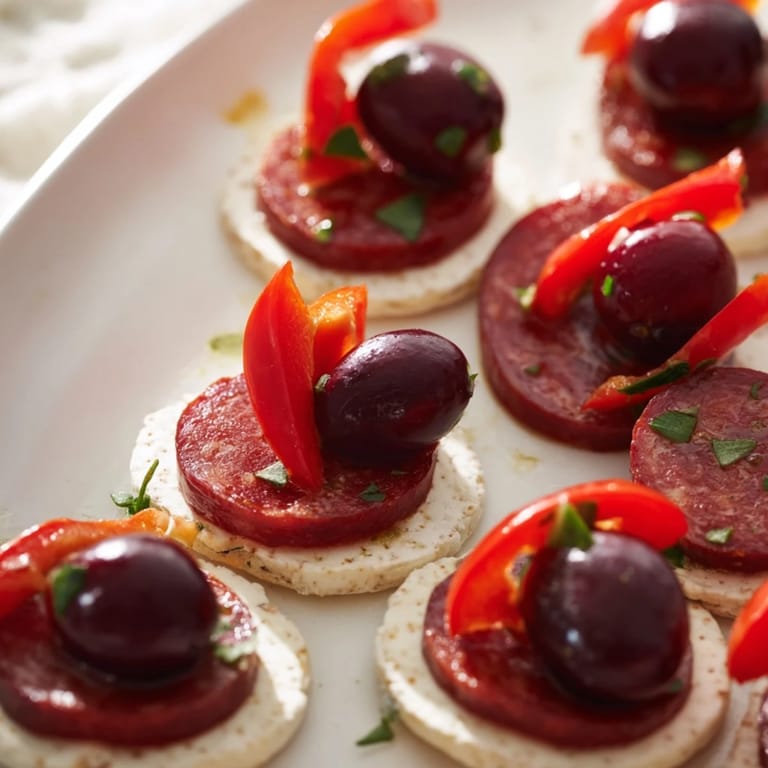 Crisp white crackers are the base for The Crimson Tide, an elegant dish with chorizo, cherries, and glaze.