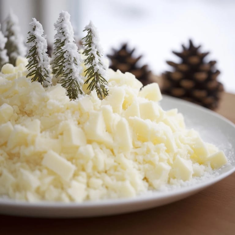 A festive Frosted Pine appetizer arrangement featuring white cheddar snowdrifts and crunchy almonds on a platter.