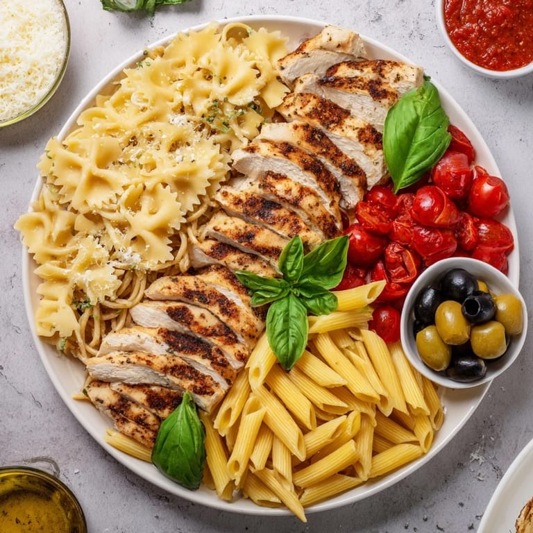 This Girl Dinner Pasta Board features a colorful array of pasta, with marinara, Alfredo, pesto, and flavorful chicken.
