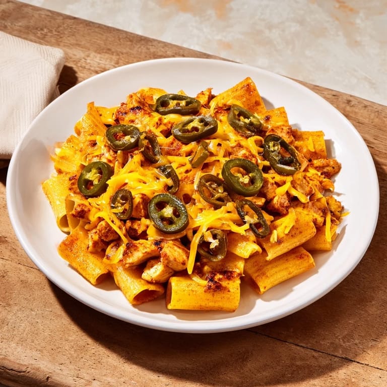 These flavorful Pasta Chip Nachos offer a delightful crunch, piled high with taco chicken and creamy melted cheddar.