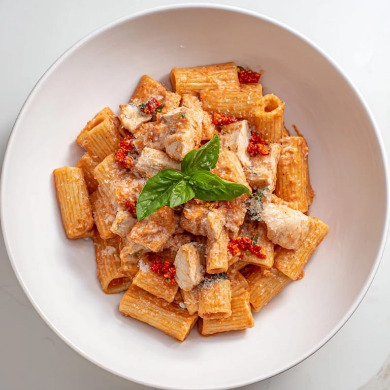 Close-up of Spicy Vodka Chicken Pasta, pasta coated in a rich, red sauce with tender chicken.