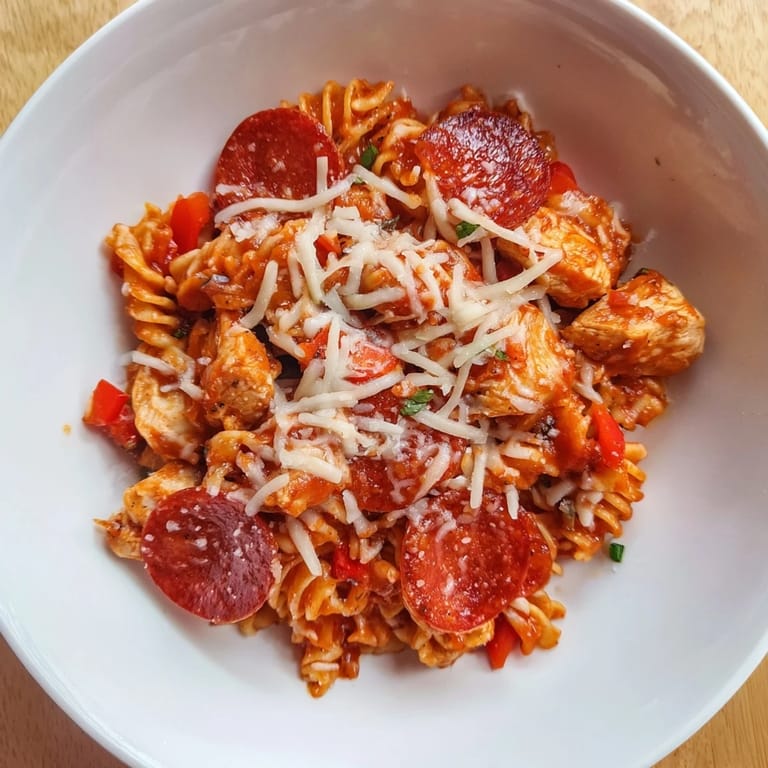 A close-up of cheesy One-Pan Pizza Pasta, showcasing the perfectly cooked rotini and vibrant flavor.