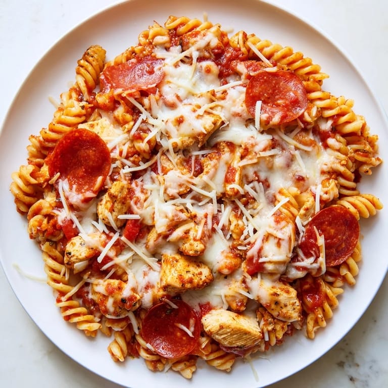 Steaming One-Pan Pizza Pasta, with a generous helping for each serving, promising a hearty Italian dinner.