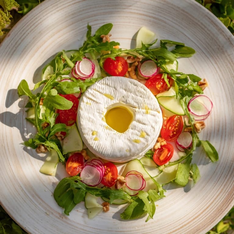 The zenith point salad, ready to eat, featuring arranged vegetables and central cheese for sharing.