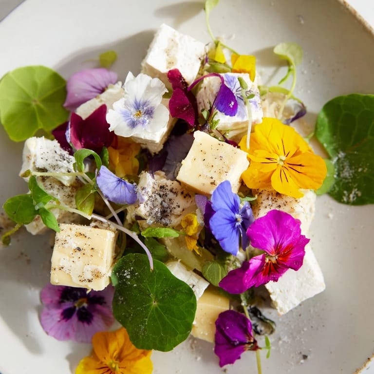 Colorful The Secret Garden appetizer, showcasing edible flowers and cheeses, ready to be foraged.