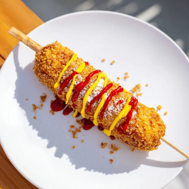These delicious Korean-Inspired Corn Dogs are served hot, perfect for a tasty snack or party appetizer.