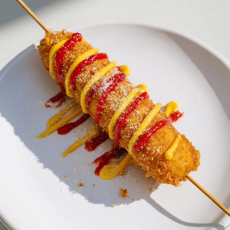 A close-up of freshly fried Korean-Inspired Corn Dogs, showing the crunchy panko breading.