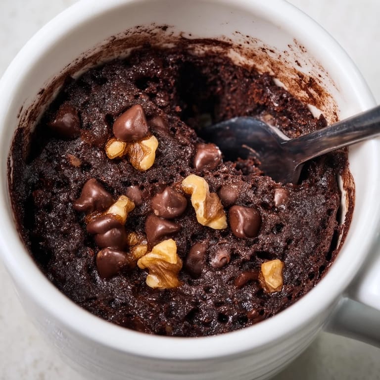 A warm, fudgy 2-Minute Mug Brownie overflowing with tempting chocolate after a quick microwave cook.