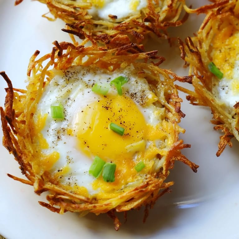 A close-up of baked Crispy Hashbrown Egg Nests, filled with bright yellow yolks and cheese.